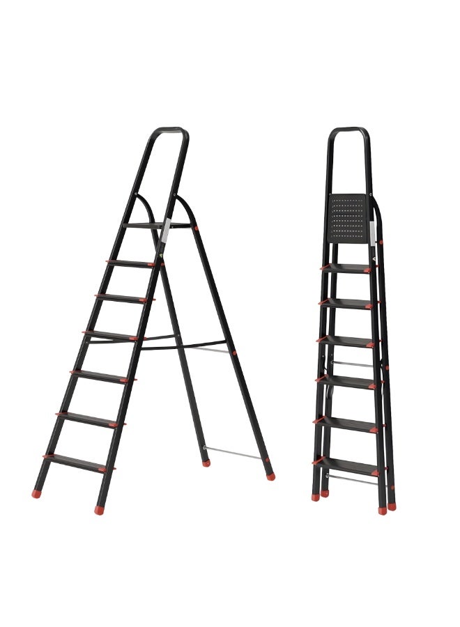 Egardenkart Aluminium Step Ladder for Home - 7 Steps, Black | Anti-Slip Foldable Ladder for Home, Kitchen, Garden, Office | Lightweight, Portable Folding Ladder with Grip (Black) - Image 1