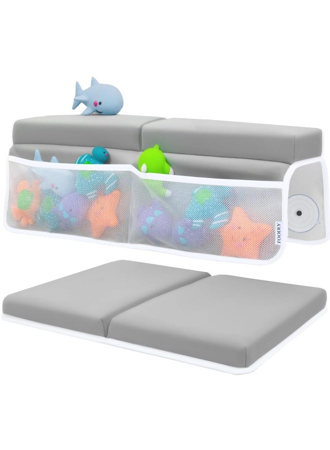 Toodly Comfortable Baby Bath Kneeler and Elbow Rest Pad Set – Thick Memory Foam Bath Kneeling Pad with Elbow Support – Baby Bathtub Cushion with Toy Organizer for Bathing Infant or Toddler - Grey - Image 1