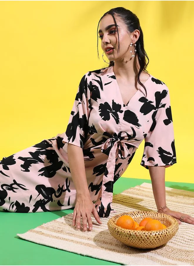 Campus Sutra Abstract Print Knee Length Dress with Tie-Up Detail by Styli