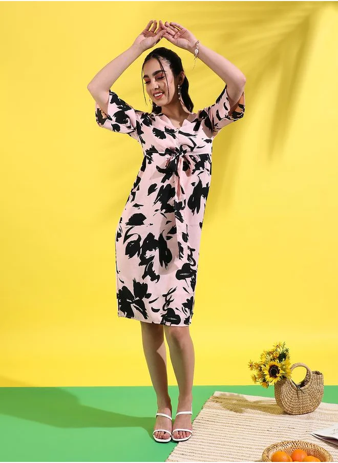 Campus Sutra Abstract Print Knee Length Dress with Tie-Up Detail by Styli