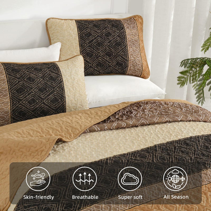 Cottolester Brown Quilt Set King Size 3 Pieces,Boho Striped Bedspread,Farmhouse Plaid Bedding Set Soft Microfiber Quilt with 2 Pillow Shams 110"x90" - Image 3