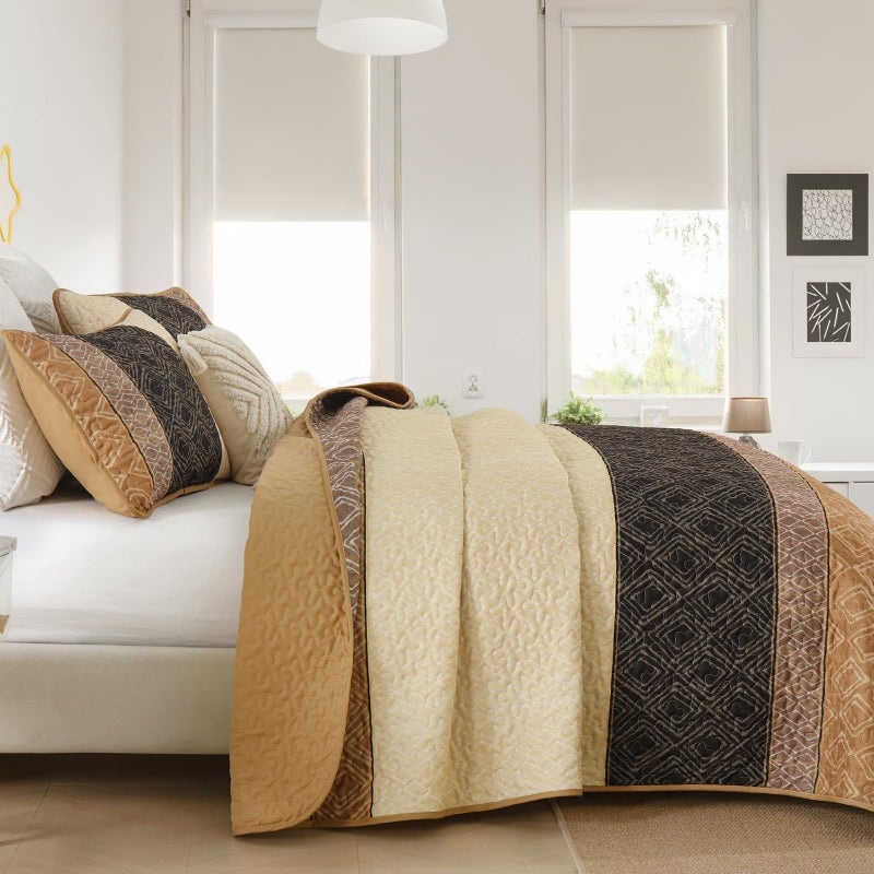 Cottolester Brown Quilt Set King Size 3 Pieces,Boho Striped Bedspread,Farmhouse Plaid Bedding Set Soft Microfiber Quilt with 2 Pillow Shams 110"x90" - Image 4