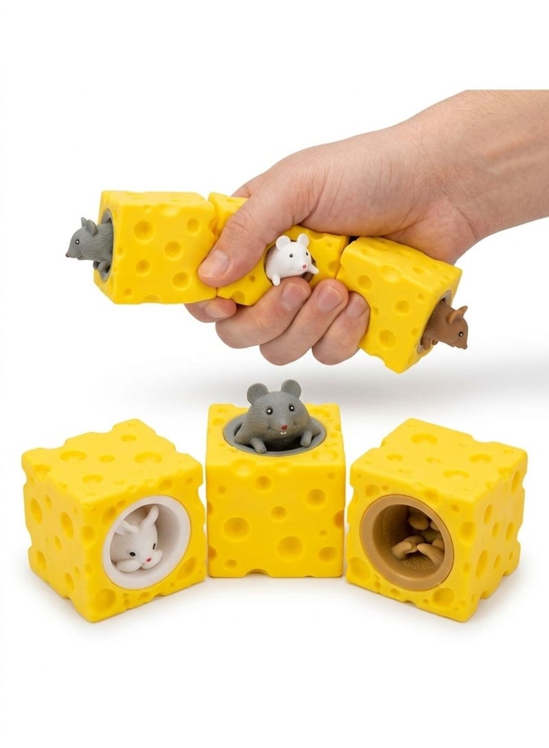 ARGT Squeeze Cheese Toy with Pop-Up Mice – Sensory Fidget Stress Relief Toy for Kids, Fun Animal Surprise Cubes Mouse Toys for Birthday Gifts Stress Relief Party Favors (3pc) - Image 1