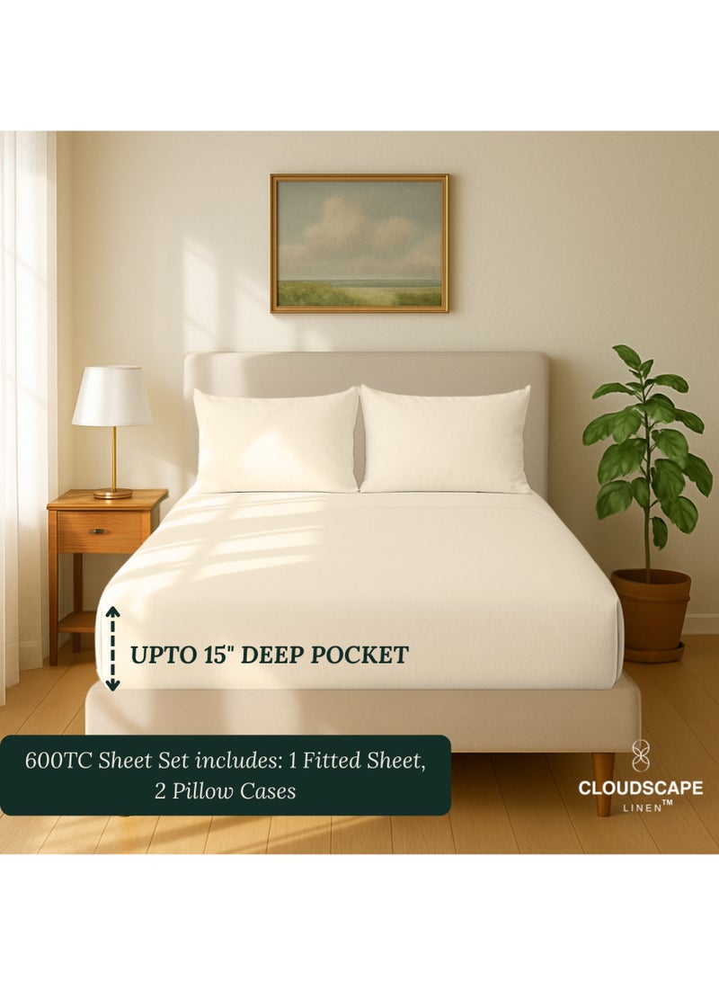 Cloud Scape Linen 600 Thread Count Egyptian Cotton Sheet Set( Queen, Ivory) - Image 3