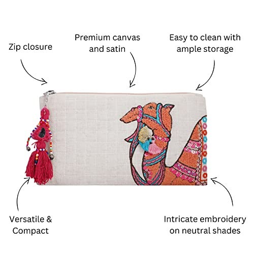 MASQ Canvas by Q-One Versatile, Multipurpose Zipper Pouch for Girls and Women, Camel Embroidered Pouch, Durable, Designed for Being Functional and Trendy with Ample Storage 12 Cms - Image 5