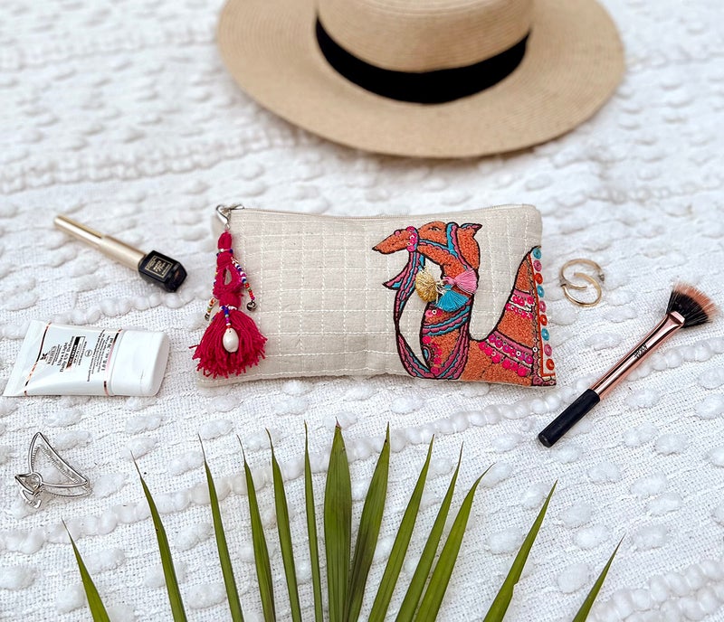 MASQ Canvas by Q-One Versatile, Multipurpose Zipper Pouch for Girls and Women, Camel Embroidered Pouch, Durable, Designed for Being Functional and Trendy with Ample Storage 12 Cms - Image 4