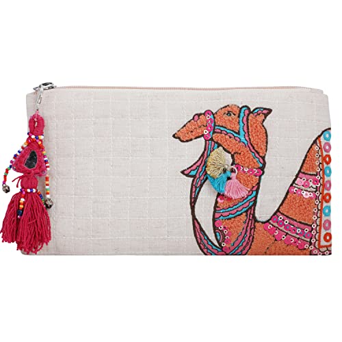 MASQ Canvas by Q-One Versatile, Multipurpose Zipper Pouch for Girls and Women, Camel Embroidered Pouch, Durable, Designed for Being Functional and Trendy with Ample Storage 12 Cms - Image 1