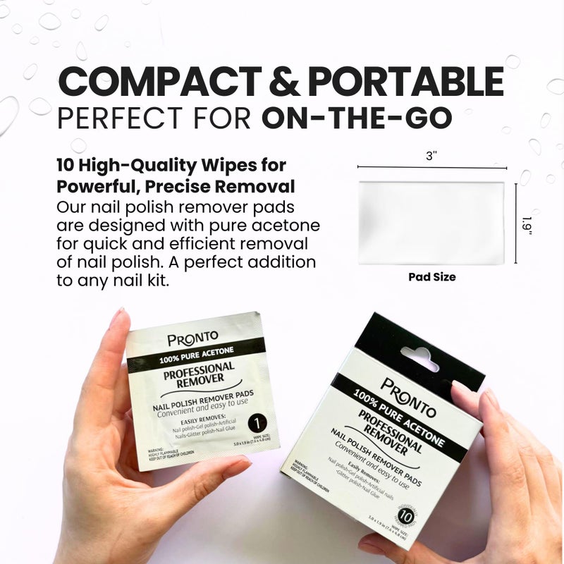 Pronto Nail Polish Remover Pads, 10 Pcs. Individually Wrapped Acetone Wipes, Pure Acetone Wipes Remover For Salon & Home - Quick Polish Nail Soak Pads - Image 3