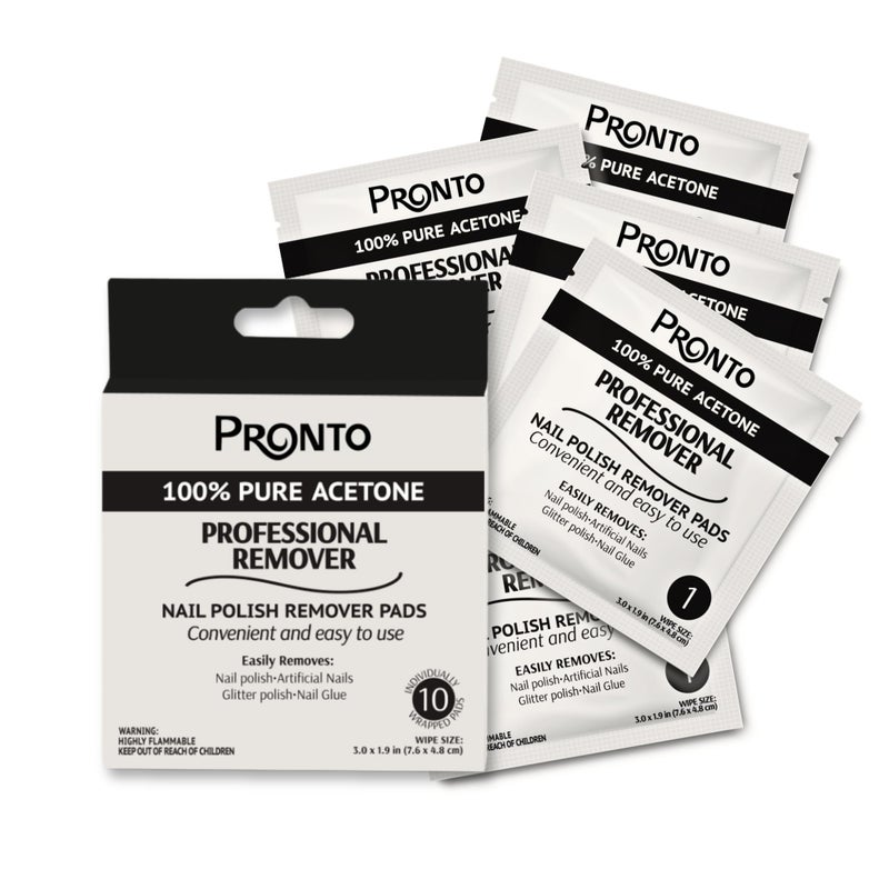 Pronto Nail Polish Remover Pads, 10 Pcs. Individually Wrapped Acetone Wipes, Pure Acetone Wipes Remover For Salon & Home - Quick Polish Nail Soak Pads - Image 1