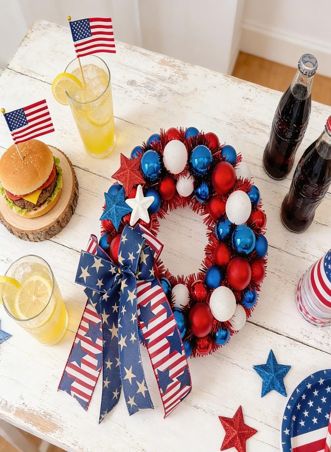 HipTree 13 Inch Patriotic Ball Wreath for Front Door with Lights, 4th of July Wreath with Red White Blue Stars & Ribbon for Memorial Day, Independence Day,Veterans Day, Flag Day,Summer Decorations - Image 4