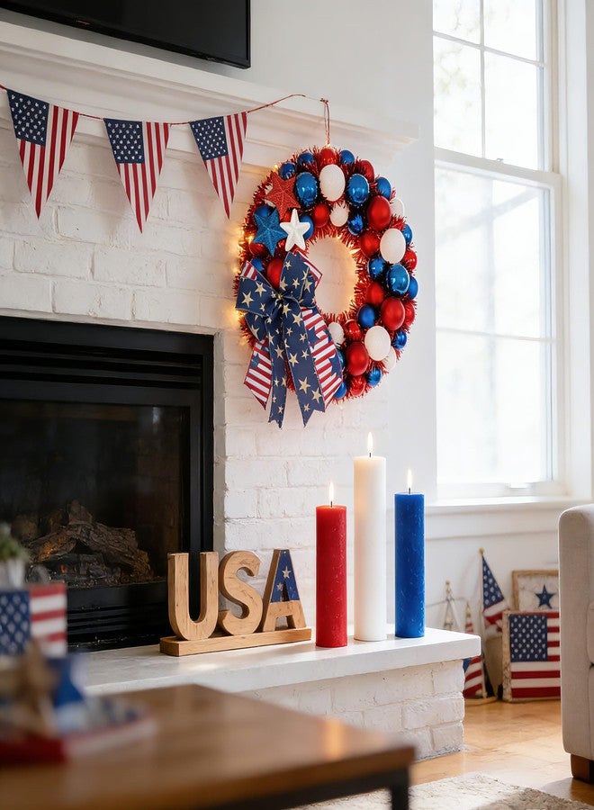 HipTree 13 Inch Patriotic Ball Wreath for Front Door with Lights, 4th of July Wreath with Red White Blue Stars & Ribbon for Memorial Day, Independence Day,Veterans Day, Flag Day,Summer Decorations - Image 3