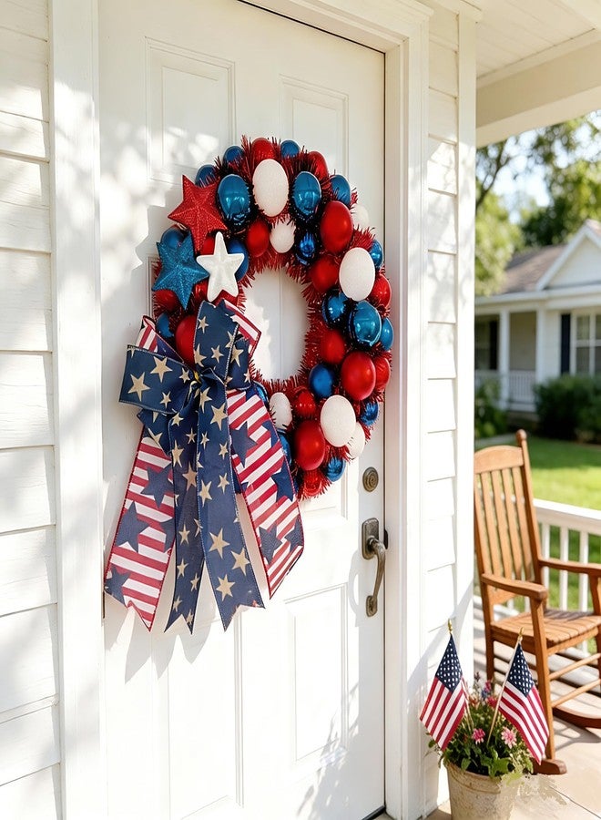 HipTree 13 Inch Patriotic Ball Wreath for Front Door with Lights, 4th of July Wreath with Red White Blue Stars & Ribbon for Memorial Day, Independence Day,Veterans Day, Flag Day,Summer Decorations - Image 2