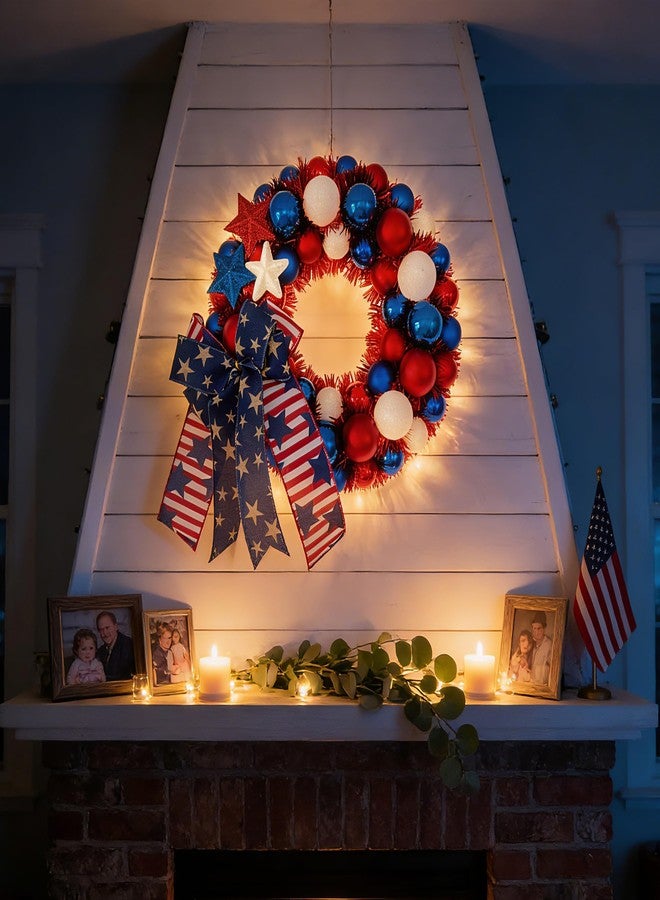 HipTree 13 Inch Patriotic Ball Wreath for Front Door with Lights, 4th of July Wreath with Red White Blue Stars & Ribbon for Memorial Day, Independence Day,Veterans Day, Flag Day,Summer Decorations - Image 5