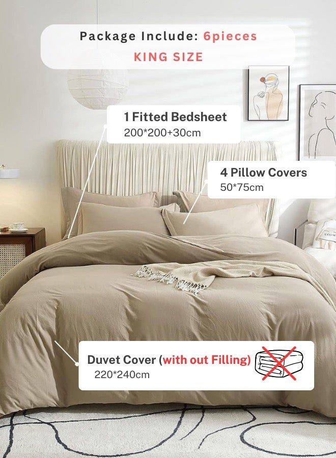 LUNA Home Washable Cotton 6 Pieces King Size Duvet Cover Plain Design Plain Beige Color - Image 2