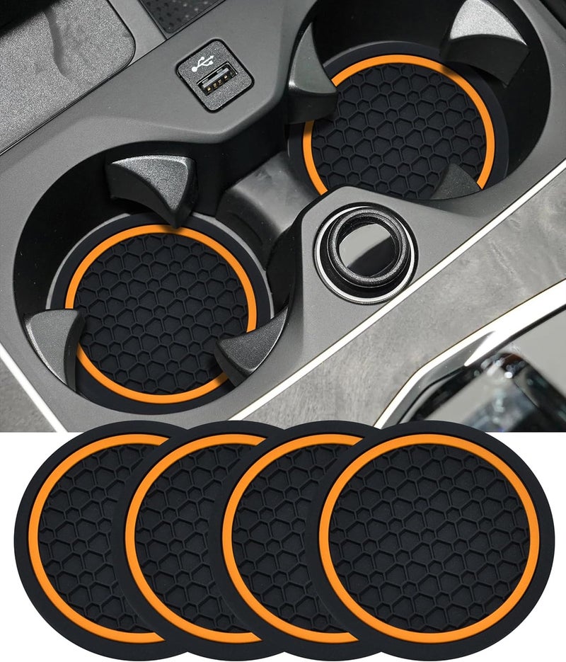 UBOG 4PCS Car Coasters,Car Accessories Car Cup Coasters,Car Accessories Interior,2.75 Inch Car Coasters for Cup Holders,Universal Non-Slip Car Cup Holder Coaster for Most Vehicle Truck (Black&Orange) - Image 1