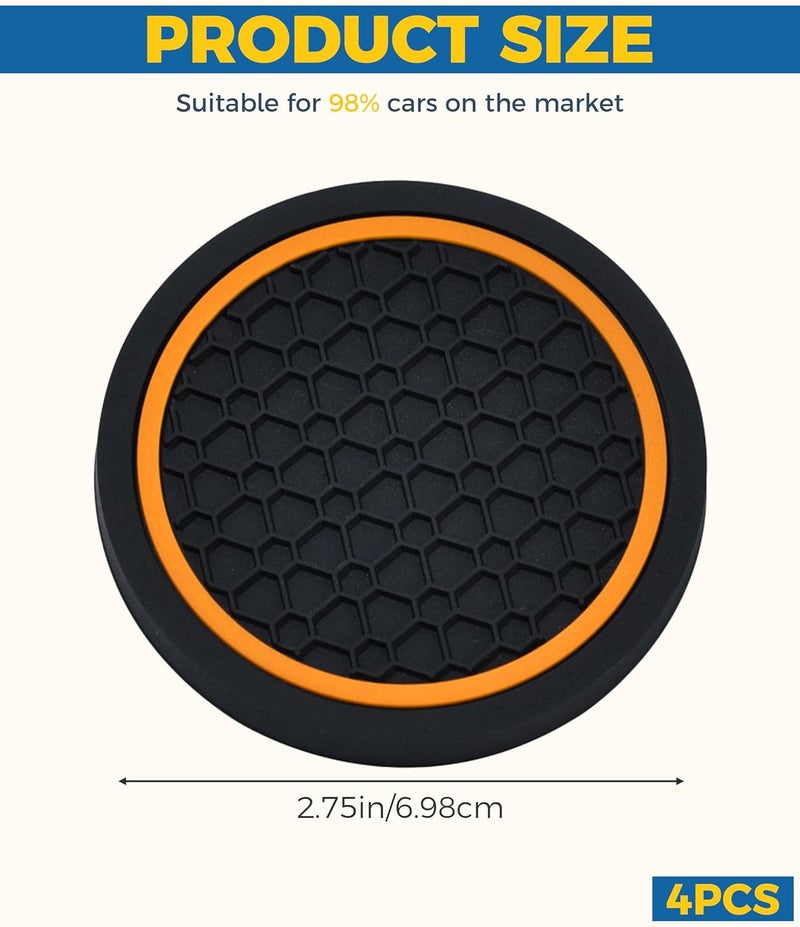 UBOG 4PCS Car Coasters,Car Accessories Car Cup Coasters,Car Accessories Interior,2.75 Inch Car Coasters for Cup Holders,Universal Non-Slip Car Cup Holder Coaster for Most Vehicle Truck (Black&Orange) - Image 2