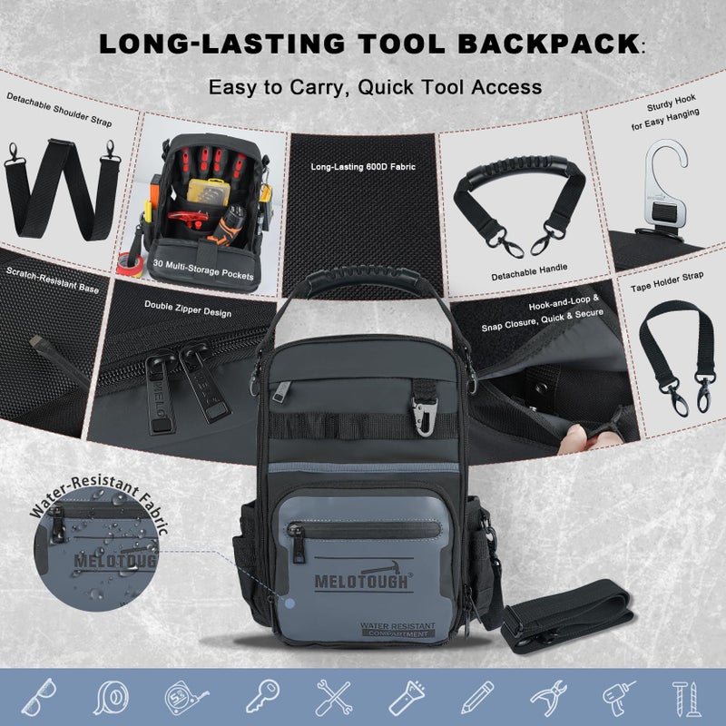 MELOTOUGH Small Tool Backpack for Men 30 Multi-Storage Pockets Heavy Duty Tool Bag Backpack with Dual-Form Shoulder Strap for Electrician, HVAC, Technician - Water Resistant (Grey) - Image 2