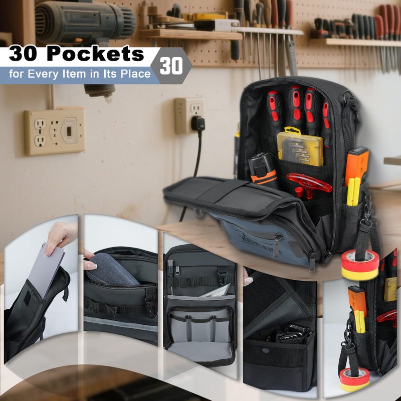 MELOTOUGH Small Tool Backpack for Men 30 Multi-Storage Pockets Heavy Duty Tool Bag Backpack with Dual-Form Shoulder Strap for Electrician, HVAC, Technician - Water Resistant (Grey) - Image 4