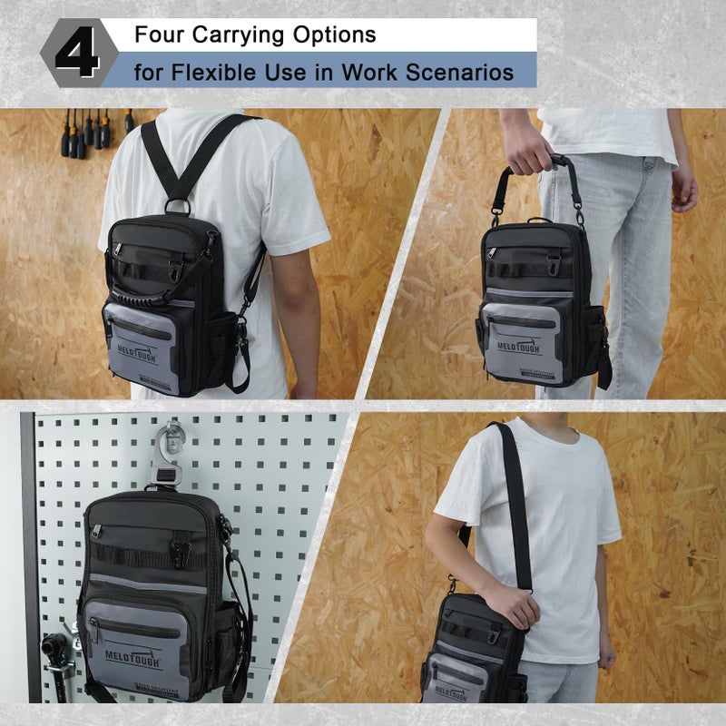 MELOTOUGH Small Tool Backpack for Men 30 Multi-Storage Pockets Heavy Duty Tool Bag Backpack with Dual-Form Shoulder Strap for Electrician, HVAC, Technician - Water Resistant (Grey) - Image 5