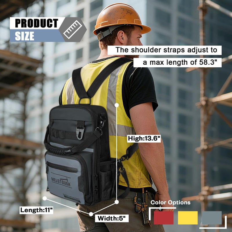 MELOTOUGH Small Tool Backpack for Men 30 Multi-Storage Pockets Heavy Duty Tool Bag Backpack with Dual-Form Shoulder Strap for Electrician, HVAC, Technician - Water Resistant (Grey) - Image 3