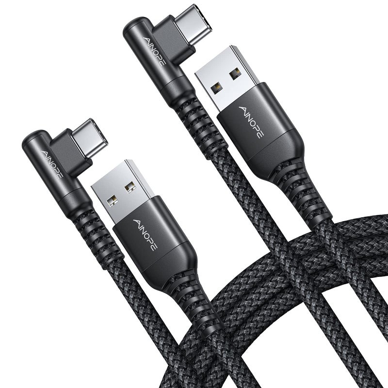 AINOPE USB C Cable Right Angle (2-Pack, 10ft+10ft) 3.1A Type C Charger Fast Charging, Resistant Nylon Braided USB A to USB C Charger Cable (Black) - Image 1
