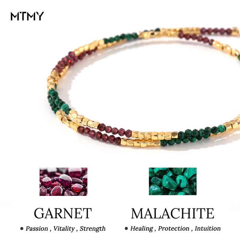 MTMY Beaded Gemstone Choker Necklace for Women, 14K Gold Plated Boho Colorful Natural Stone Bead Chain Necklace Summer Beach Handmade Jewelry(Malachite & Garnet) - Image 3