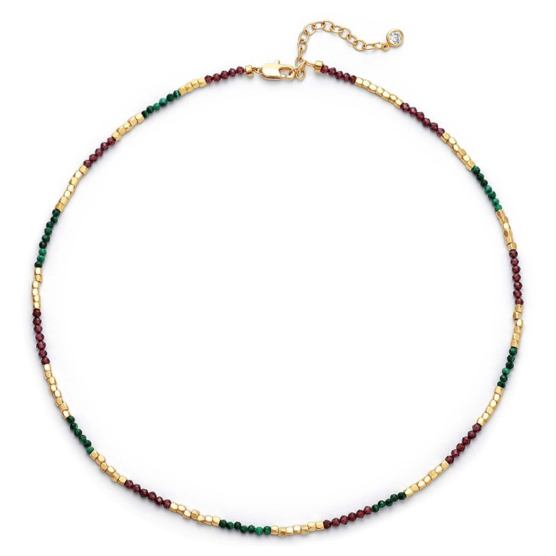 MTMY Beaded Gemstone Choker Necklace for Women, 14K Gold Plated Boho Colorful Natural Stone Bead Chain Necklace Summer Beach Handmade Jewelry(Malachite & Garnet) - Image 1
