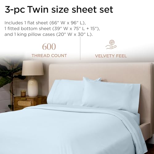 Threadmill 100% Cotton Sheets for Twin Size Bed - 600 Thread Count Twin Bed Sheets Set with 15” Deep Pocket - Sateen Weave 3-Piece Bedding Set with Cooling Effect, Blue - Image 2