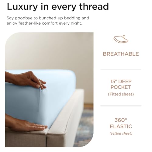Threadmill 100% Cotton Sheets for Twin Size Bed - 600 Thread Count Twin Bed Sheets Set with 15” Deep Pocket - Sateen Weave 3-Piece Bedding Set with Cooling Effect, Blue - Image 3