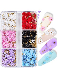 CESUSME 3D Colorful Flower Nail Charms White Pink Color Blue Purple Black Flowers Acrylic Nail Charms with Metal Golden Round Beads for Nail Art DIY Accessories 