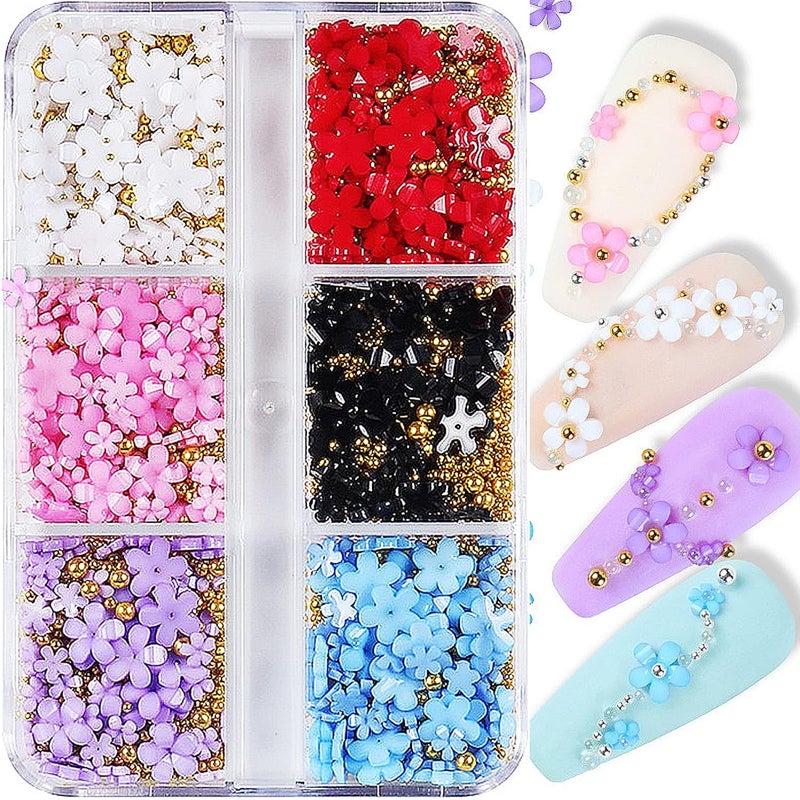 3D Colorful Flower Nail Charms White Pink Color Blue Purple Black Flowers Acrylic Nail Charms with Metal Golden Round Beads for Nail Art DIY Accessories