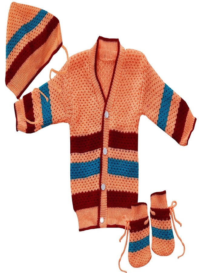little PANDA Unisex Baby Sweater Woollen Knitted Full Sleeves Sweater with Cap and Booties Set Woolen Sweater Baby Boys and Baby Girls (6-9 Months, Peach) - Image 1