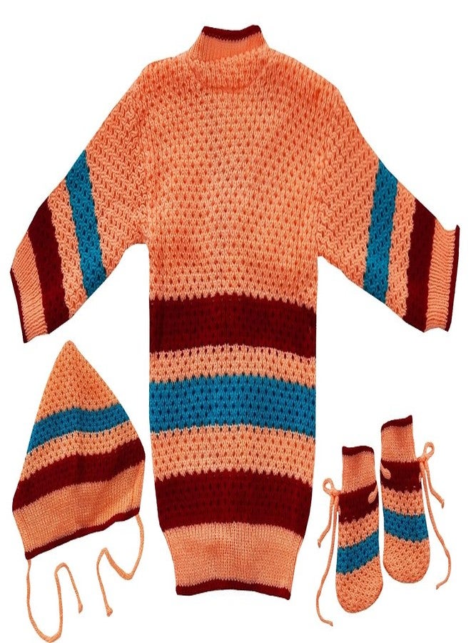little PANDA Unisex Baby Sweater Woollen Knitted Full Sleeves Sweater with Cap and Booties Set Woolen Sweater Baby Boys and Baby Girls (6-9 Months, Peach) - Image 3
