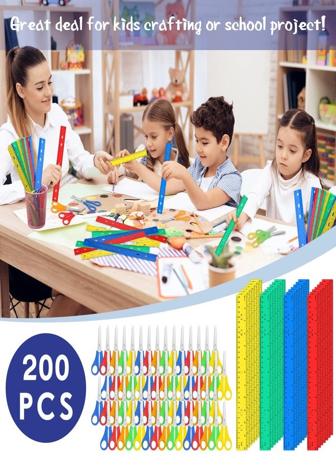 PerKoop 200 Pcs School Supplies with 100 Pcs Safety Blunt Tip Student Scissors 100 Pcs 12 Inch Plastic Rulers Back to School Supply Kit for Operation Christmas Charity Donation Supplies (Bright Color) - Image 3