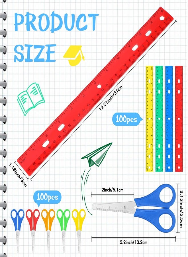 PerKoop 200 Pcs School Supplies with 100 Pcs Safety Blunt Tip Student Scissors 100 Pcs 12 Inch Plastic Rulers Back to School Supply Kit for Operation Christmas Charity Donation Supplies (Bright Color) - Image 2
