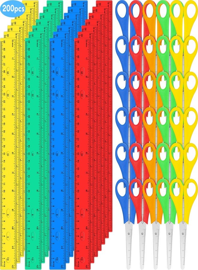 PerKoop 200 Pcs School Supplies with 100 Pcs Safety Blunt Tip Student Scissors 100 Pcs 12 Inch Plastic Rulers Back to School Supply Kit for Operation Christmas Charity Donation Supplies (Bright Color) - Image 1