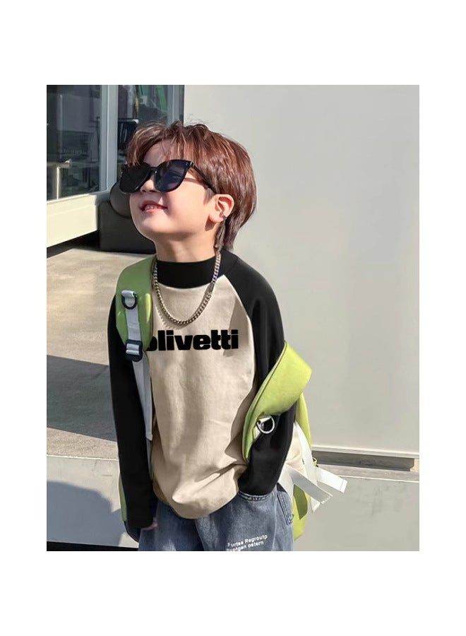 Boys' Long-sleeve T-shirt With De Rong Fabric, Spring And Autumn Style, Base Layer Top For Toddlers, Kids, And Teens, Versatile Letter Print Color-blocked Top - Image 1