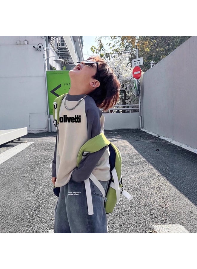 Boys' Long-sleeve T-shirt With De Rong Fabric, Spring And Autumn Style, Base Layer Top For Toddlers, Kids, And Teens, Versatile Letter Print Color-blocked Top - Image 4