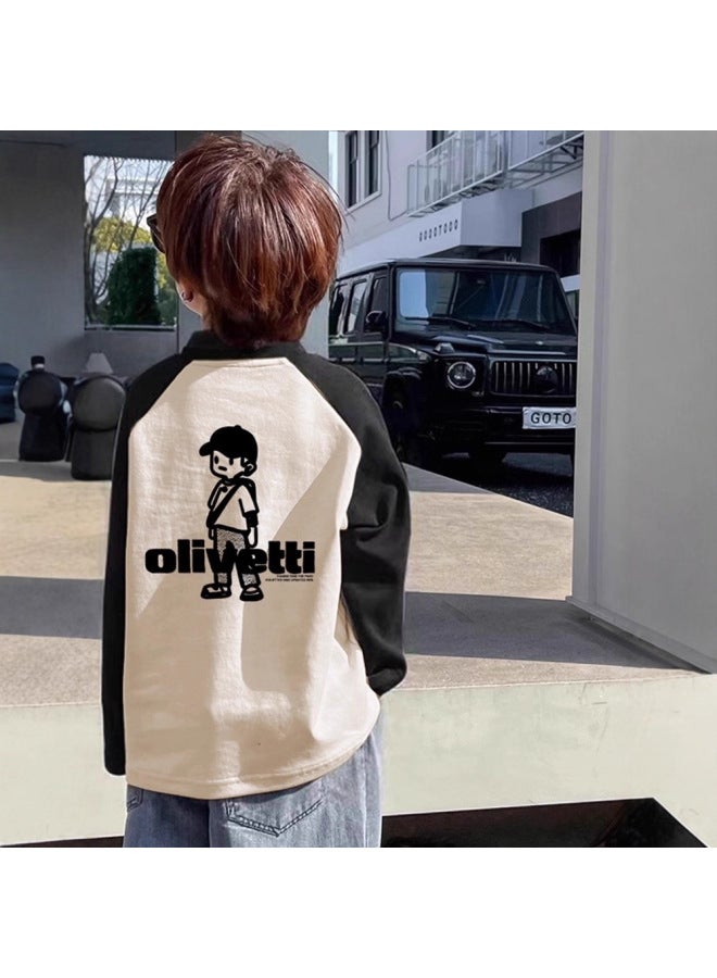 Boys' Long-sleeve T-shirt With De Rong Fabric, Spring And Autumn Style, Base Layer Top For Toddlers, Kids, And Teens, Versatile Letter Print Color-blocked Top - Image 3