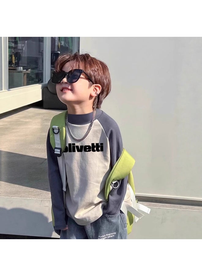 Boys' Long-sleeve T-shirt With De Rong Fabric, Spring And Autumn Style, Base Layer Top For Toddlers, Kids, And Teens, Versatile Letter Print Color-blocked Top - Image 2