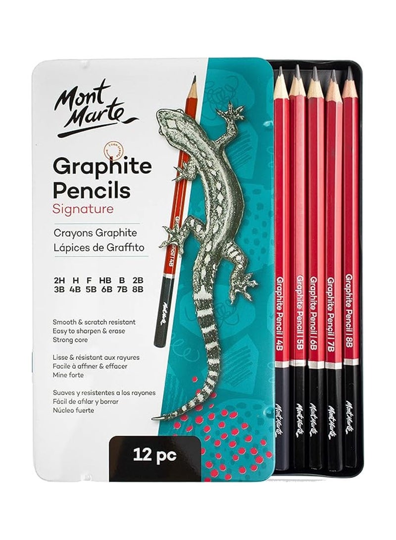 Mont Marte 12-Piece Signature Graphite Sketch Pencils In Metal Tin Box Ideal for Sketching and Detailed Drawings  - Image 1