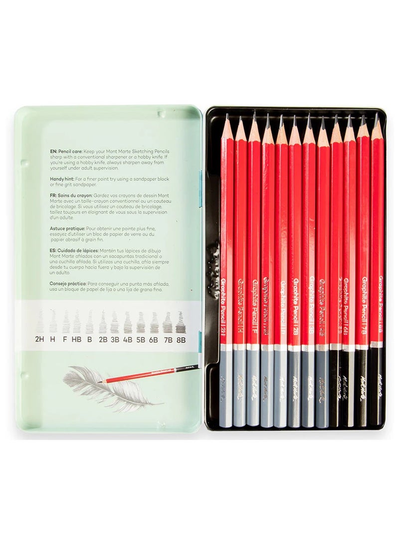 Mont Marte 12-Piece Signature Graphite Sketch Pencils In Metal Tin Box Ideal for Sketching and Detailed Drawings  - Image 2