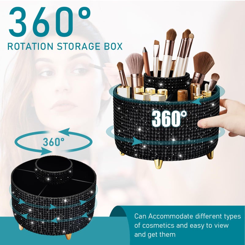 Diesisa Bling Diamond 360Â° Makeup Brush Holder Organizer, Rotating Makeup Brush Organizer,5 Slot Make up Brushes Cup for Cosmetics, Vanity Desktop Organizer, Gift for Women Teen Girls- Diamond Black - Image 3