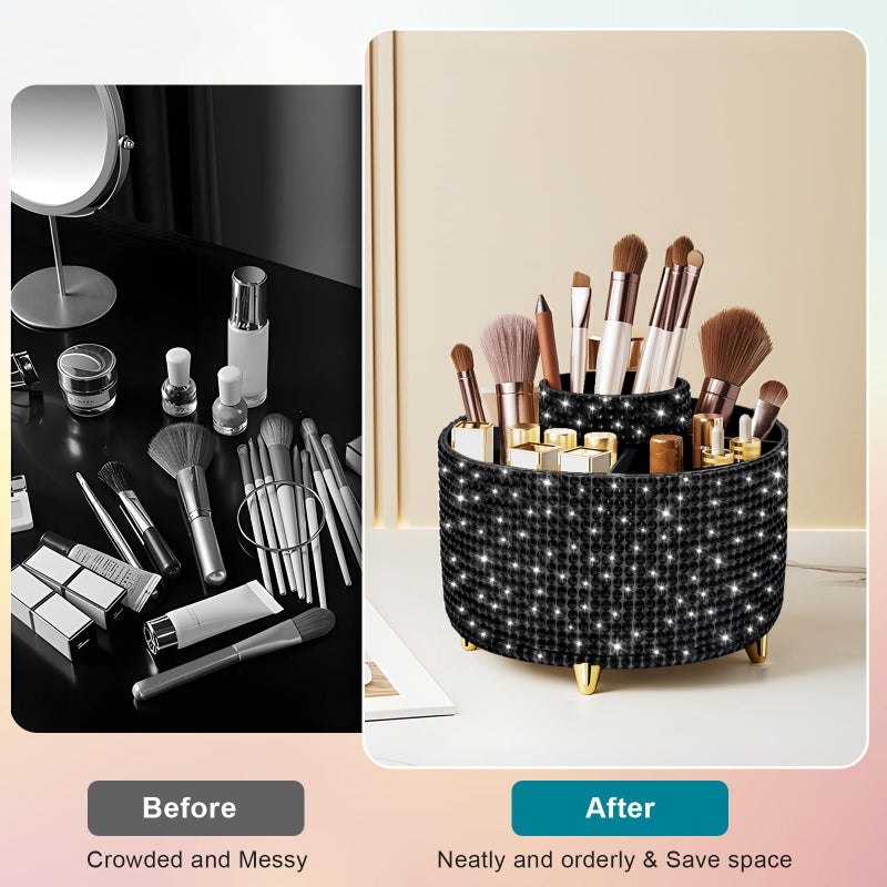 Diesisa Bling Diamond 360Â° Makeup Brush Holder Organizer, Rotating Makeup Brush Organizer,5 Slot Make up Brushes Cup for Cosmetics, Vanity Desktop Organizer, Gift for Women Teen Girls- Diamond Black - Image 2