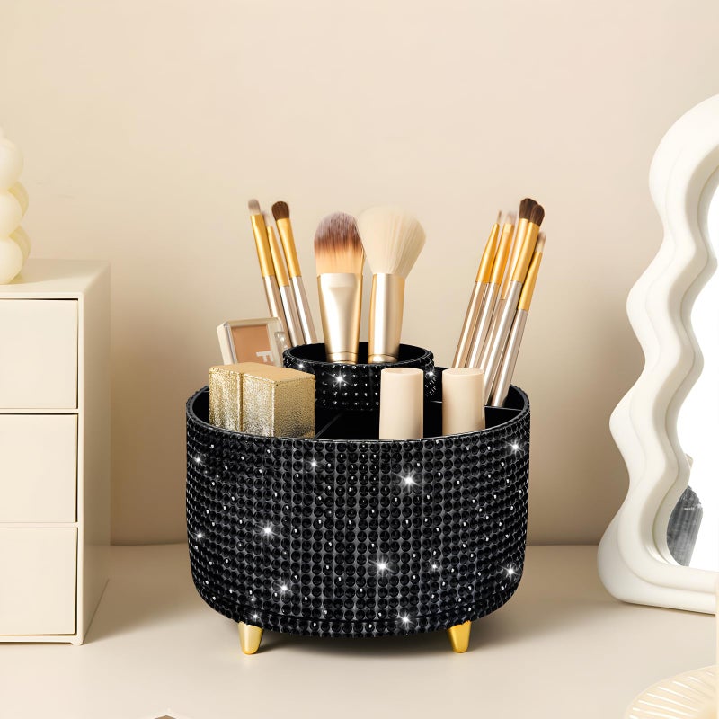 Diesisa Bling Diamond 360Â° Makeup Brush Holder Organizer, Rotating Makeup Brush Organizer,5 Slot Make up Brushes Cup for Cosmetics, Vanity Desktop Organizer, Gift for Women Teen Girls- Diamond Black - Image 1