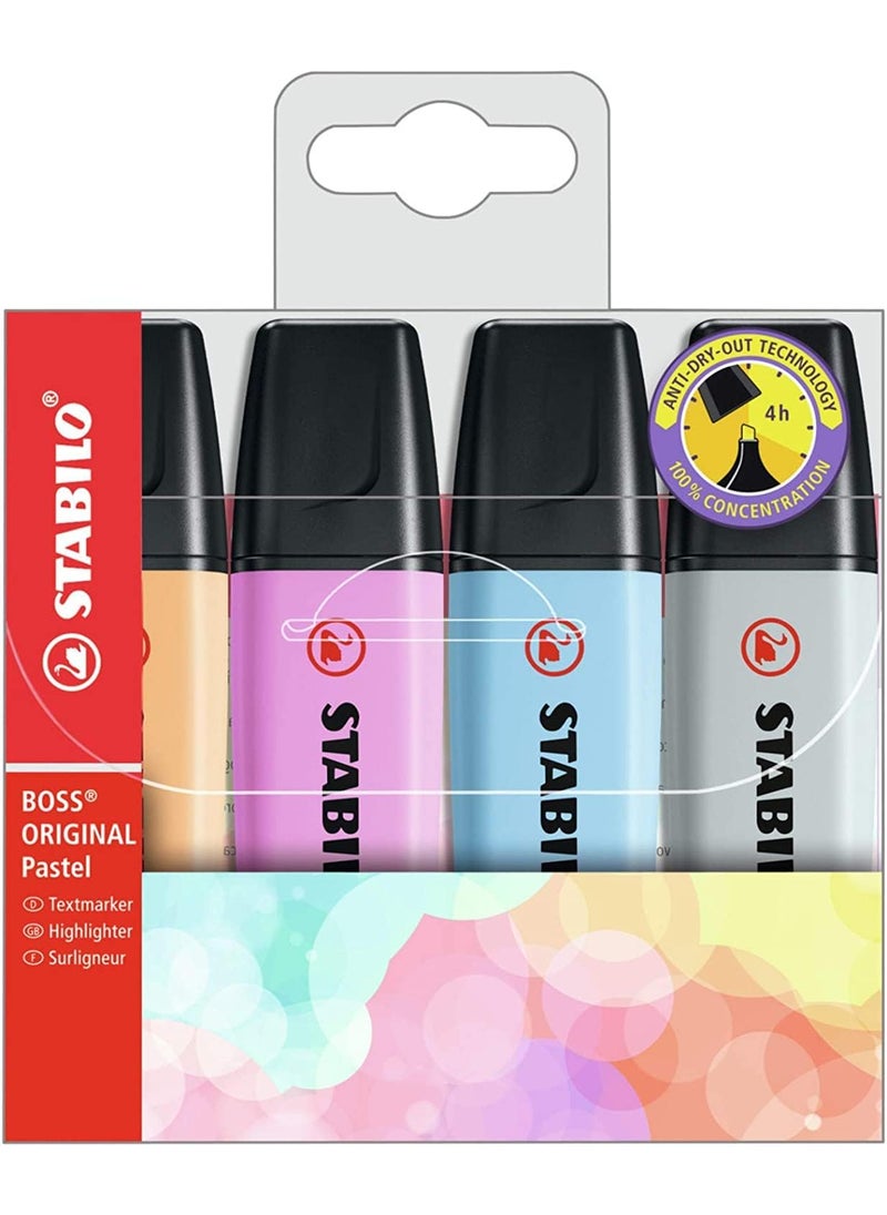 STABILO STABILO Highlighter BOSS ORIGINAL Pastel  Pack of 4  Pale Orange Cloudy Blue Frozen Fuchsia Dusty Grey Chisel Tip  - Image 1