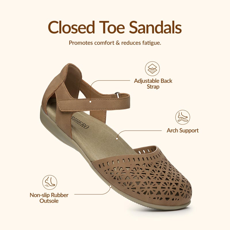 Rihero Summer Closed Toe Sandals Women Orthopedic Cute Beach Sandals for Women Lightweight Non Slip Arch Support Flat Shoes with Adjustable Strap Tan Hollow 10 - Image 4