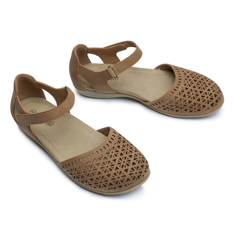 Rihero Summer Closed Toe Sandals Women Orthopedic Cute Beach Sandals for Women Lightweight Non Slip Arch Support Flat Shoes with Adjustable Strap Tan Hollow 10 - Image 5