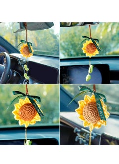 Oasisgalore Rear View Mirror Accessories Crochet Sunflower,Car Decor Car Mirror Hanging Accessories For Women,Hand-Woven Flower Rearview Mirror Sunflower  - Image 3