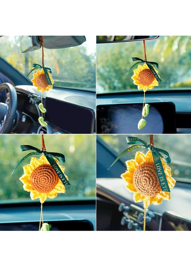 Oasisgalore Rear View Mirror Accessories Crochet Sunflower,Car Decor Car Mirror Hanging Accessories For Women,Hand-Woven Flower Rearview Mirror Sunflower  - Image 3